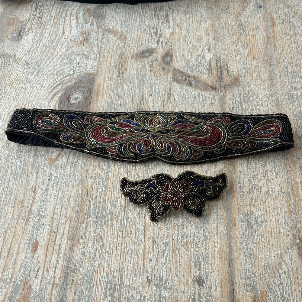 Vintage Morgan Taylor Black and Red Beaded Belt Set with hair barrette
